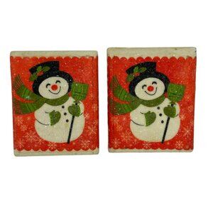 VTG Classic Snowman Coasters Set of 2 | Red & Green Christmas Tile Decor Holiday